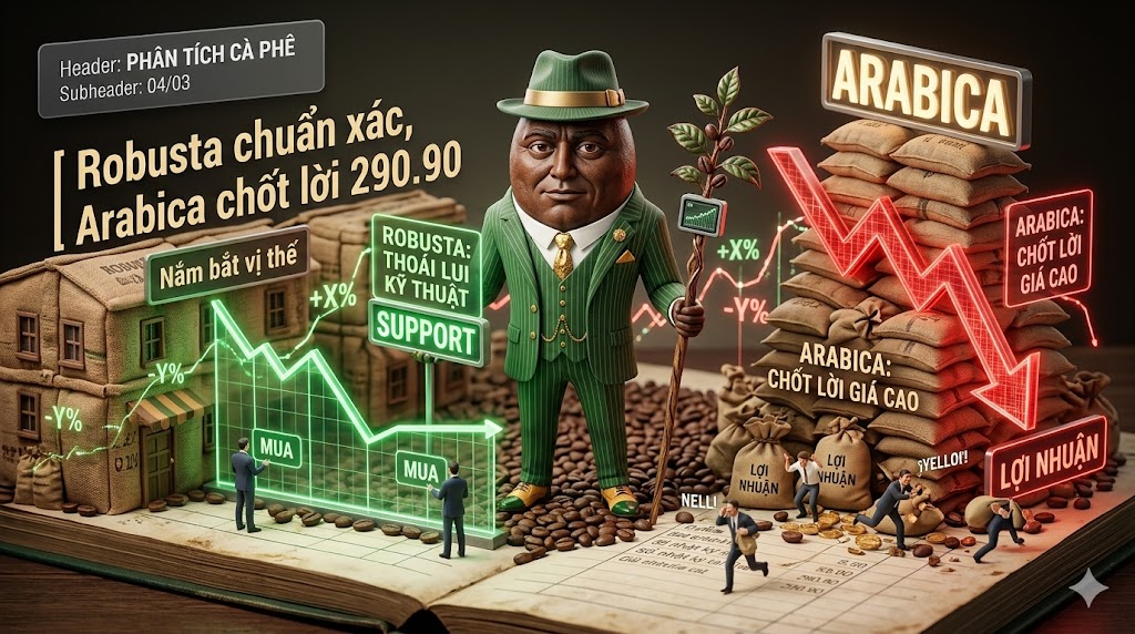 Phân tích Cà phê 04/03: Robusta xuất hiện nhịp thoái lui kỹ thuật chuẩn xác, Arabica ghi nhận áp lực chốt lời tại vùng giá cao 290.90